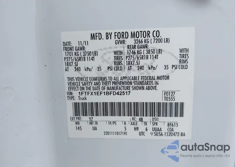 2011 Ford F-150 Xlt z USA, uszkodzony, nr VIN 1FTFX1EF1BFD42517